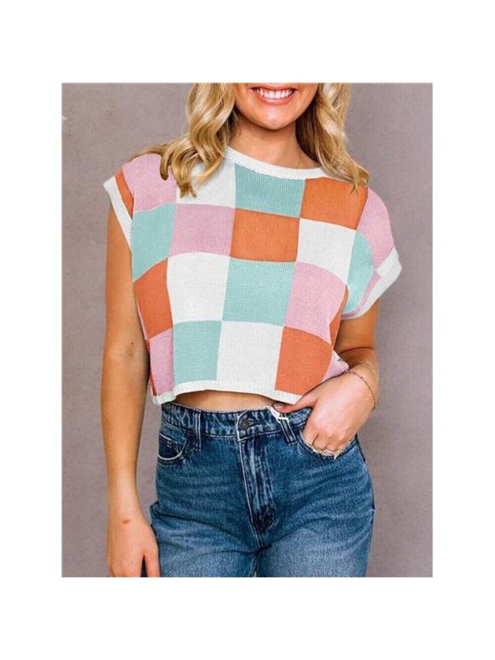 Women's Cap Sleeve Crop Tops Color Block Top in White, Green, Orange & Pink